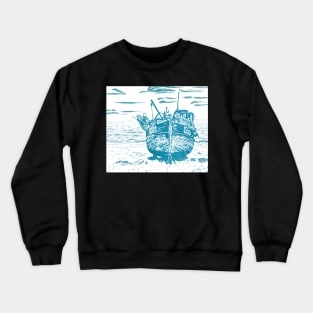 Linoprint Fishing Trawler Hastings Beach Crewneck Sweatshirt